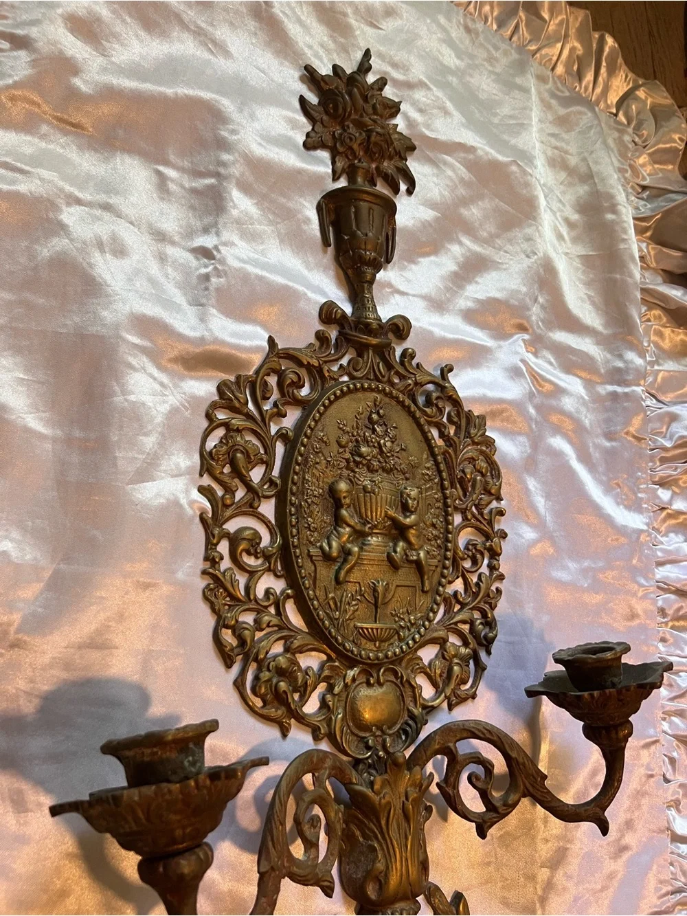 Antique Victorian Age Gold Ornate Cherub Wall Candle Sconce 2ft tall